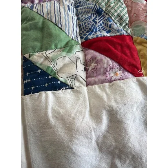 Vintage Handmade Patchwork Quilt 80x62 Multicolor Scrap Quilt Yellow Back - Picture 12 of 16